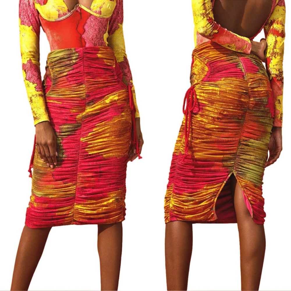 Andrea Iyamah Red and Yellow Ruched Midi Skirt NWT size Medium